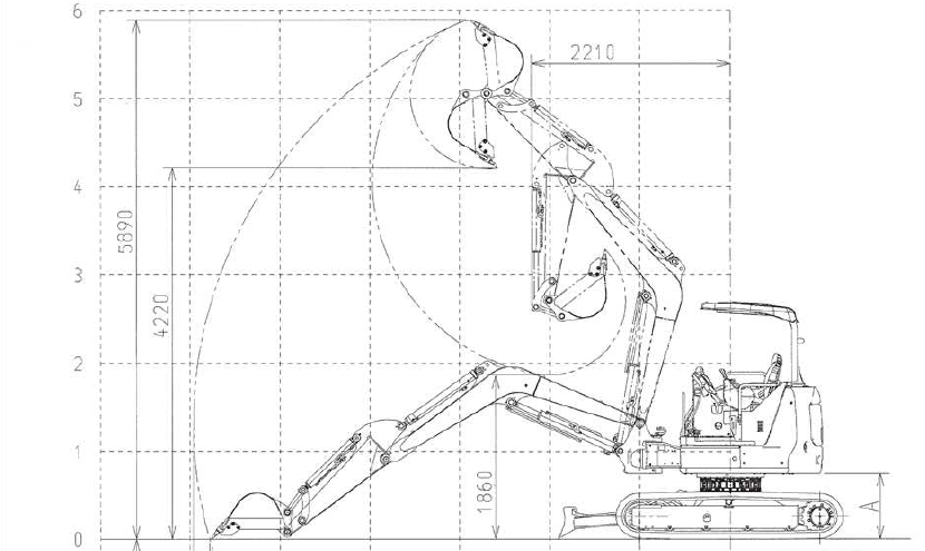 分解式ミニ油圧ショベル・小型掘削機械の仕様・寸法図・作業範囲図